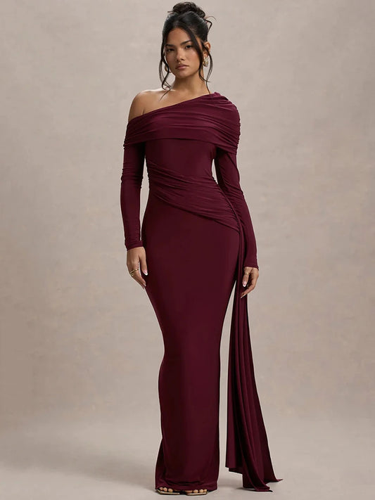 Women's Skew Collar Long Sleeve Maxi Backless Draped Ruched Bodycon Long Dress