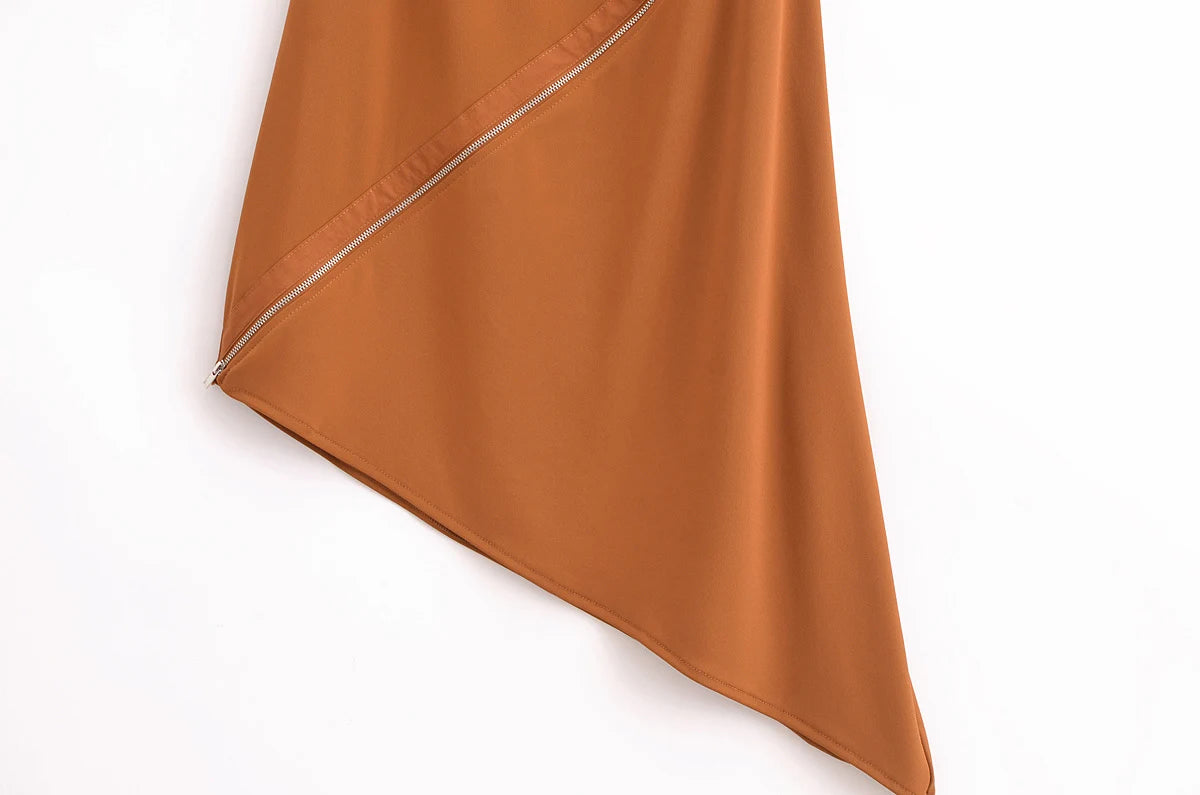 Women's Summer Pleated Temperament Slim Fit Zipper Decoration Asymmetrical Dress