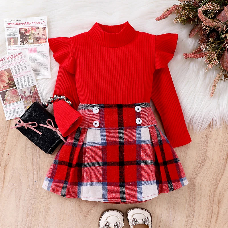 Little Girl Fall Clothes Set - Ruffle Long Sleeve Ribbed Top & Plaid A-Line Skirt