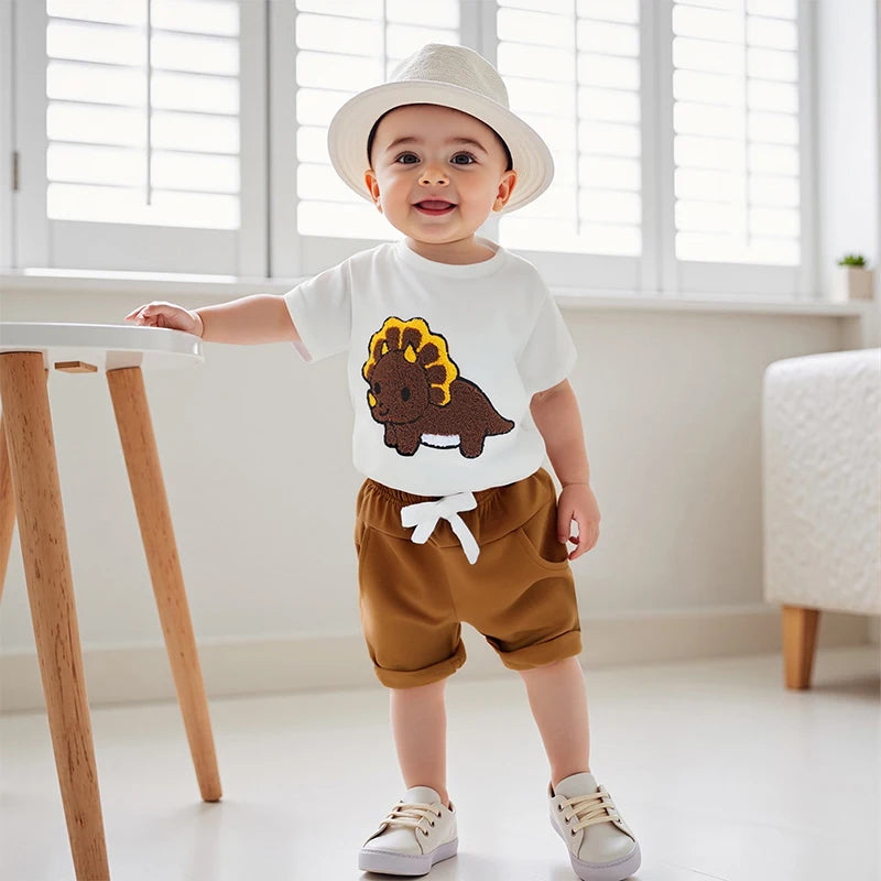 0-3Y Toddler Baby Boys Clothes Set Dinosaur Embroidery Short Sleeve T-shirts Solid Elastic Waist Shorts