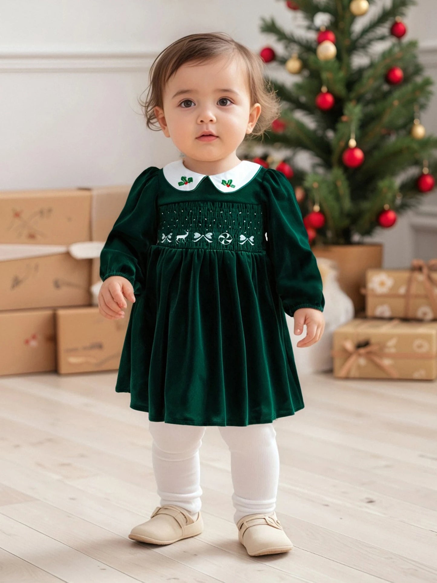 Little Girl's Velvet Christmas Dress - Deer Bow Holly Embroidered Smocked A-Line
