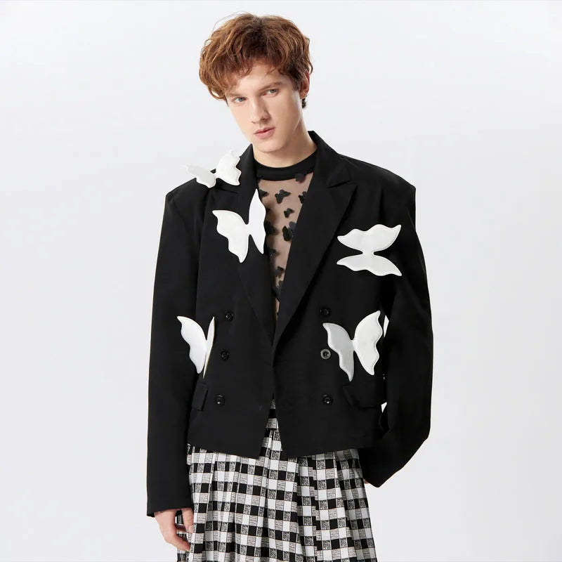 Men's Blazer Patchwork Lapel Long Sleeve Double Breasted Loose Jacket