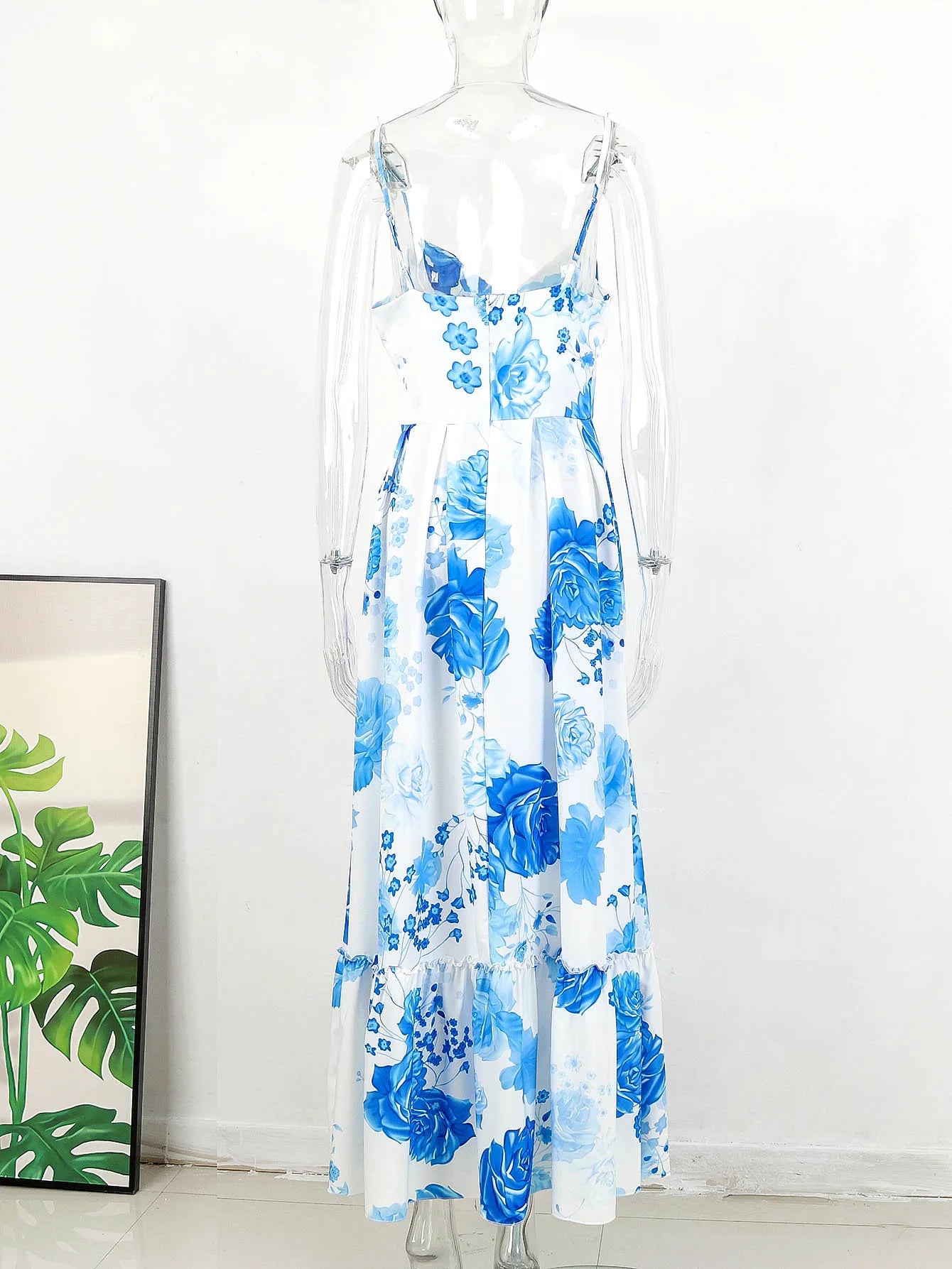Women's Summer Print Long Lace Up Sling Party Pattern Straps Hollow Out V-Neck Beach Dress