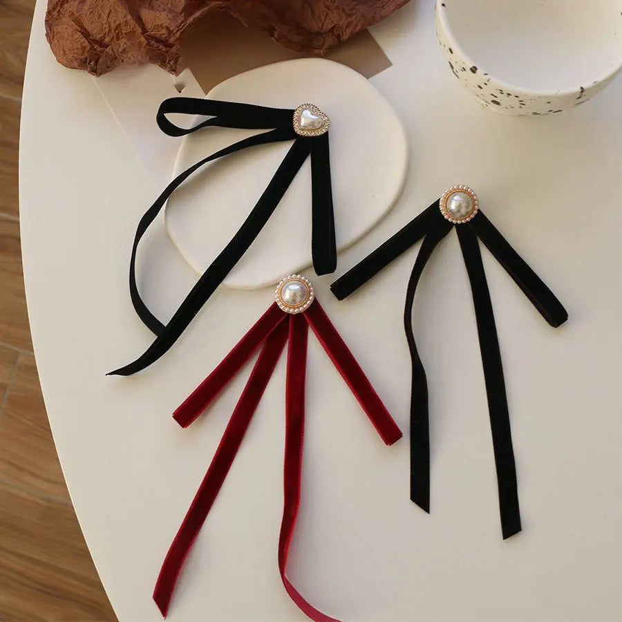 Anime Style Velvet Bow Pearl Brooch - Sweet Academic Pin for Girls