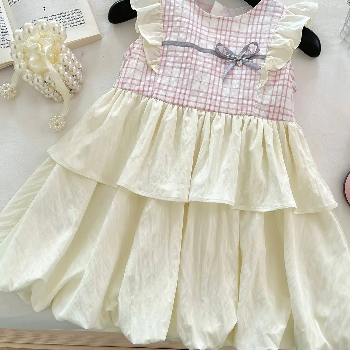 Girl's Summer Round Neck Flying Sleeve Bow Grid Splicing Dress 3-6 years