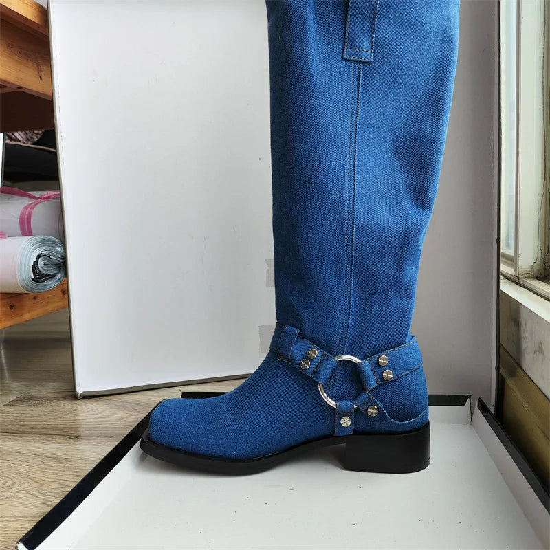 Women's Blue Cowboy Metal Ring Motorcycle Boots Belt Buckle Design 3.5cm Thick Heel Knight Boots Women's Square Head Fashion Boots 34-44