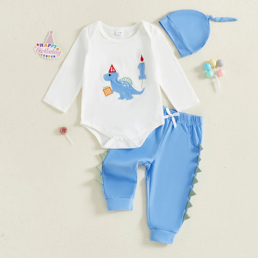 Newborn Baby Boys Birthday Clothing Set - Dinosaur Embroidery Romper, Pants & Hat 3-Piece (0-18M)