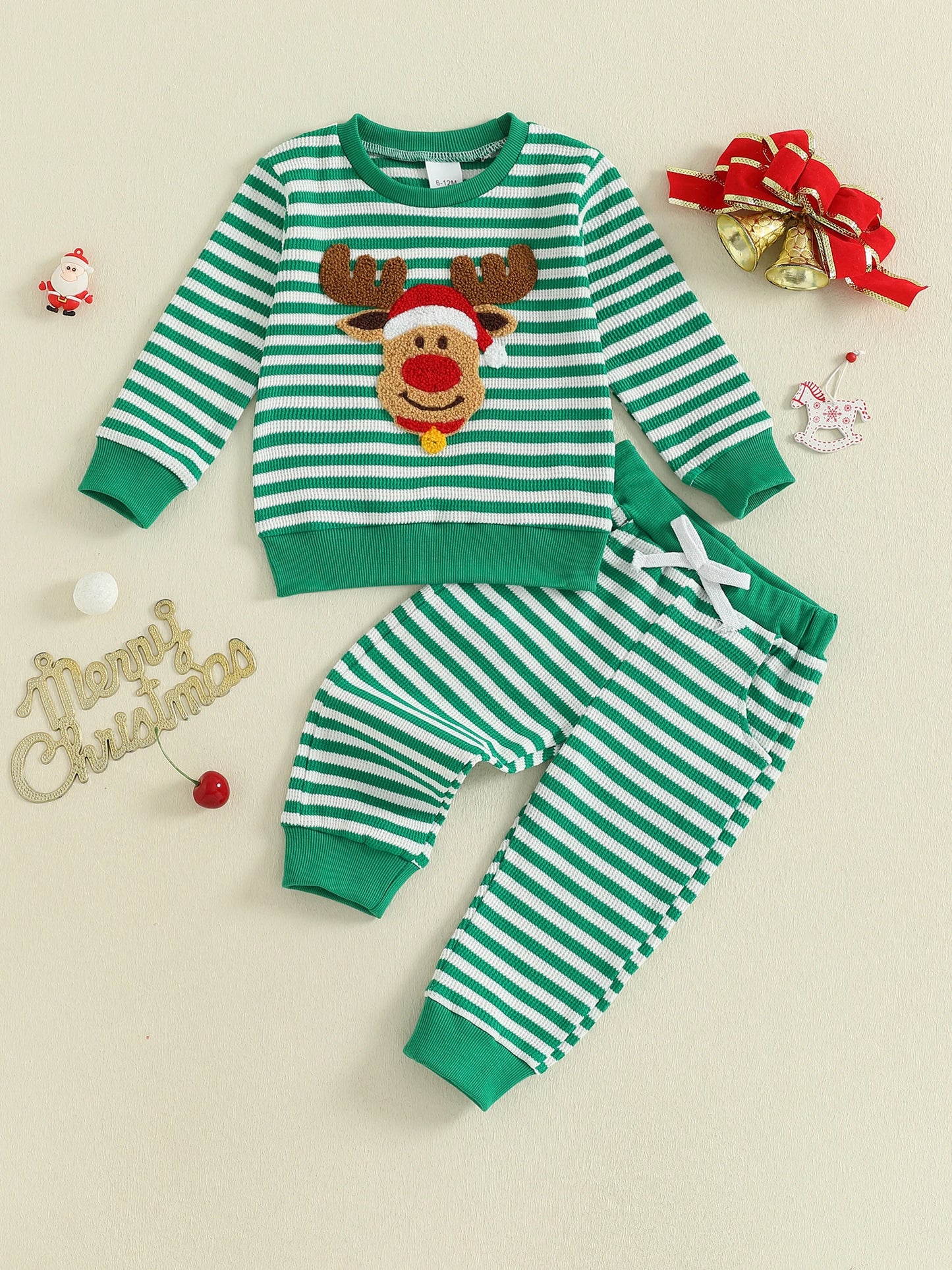 Infant Baby Boys Christmas Clothes Set - Long Sleeve Deer Embroidery Striped Sweatshirt & Pants