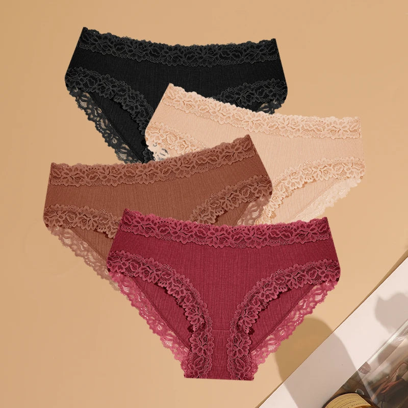 Women's Cotton Ribbed Underwear Set - 4 Pack Lace Floral Low-Waist Briefs