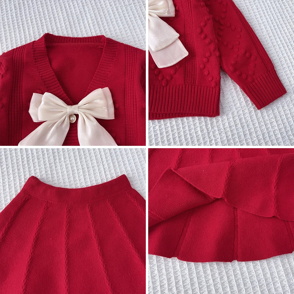 Girl's Winter Set V-neck Bow Sweater Top and pleated A-line Skirt 2-piece Set