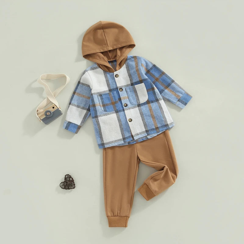 1-6Y Autumn Causal Kids Boys Clothes Sets 2pcs Plaid Printed Patchwork Hooded Long Sleeve Jacket and Trousers