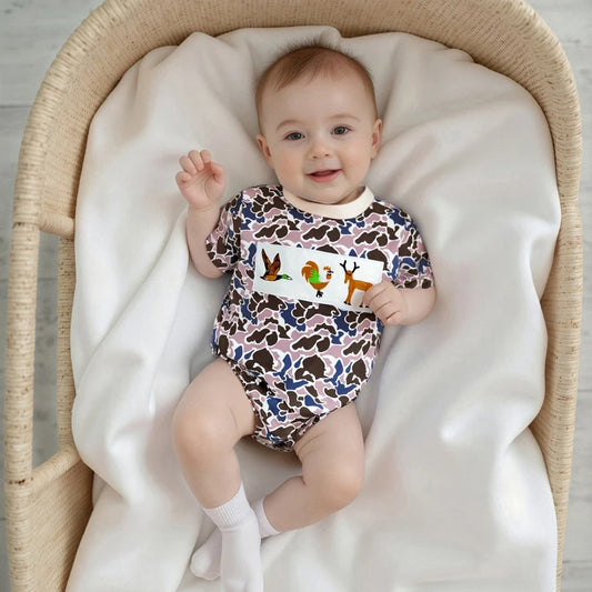 0-18M Summer Casual Baby Boys Romper Camouflage Print Short Sleeve Animal Embroidery Round Neck Jumpsuit