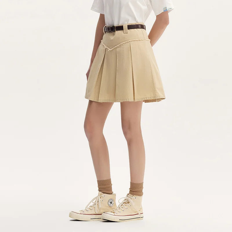Salt & Sweet Style A-Line Mini Skirt - Summer Edgy Raw Hem Pleated Retro Skirt with Belt