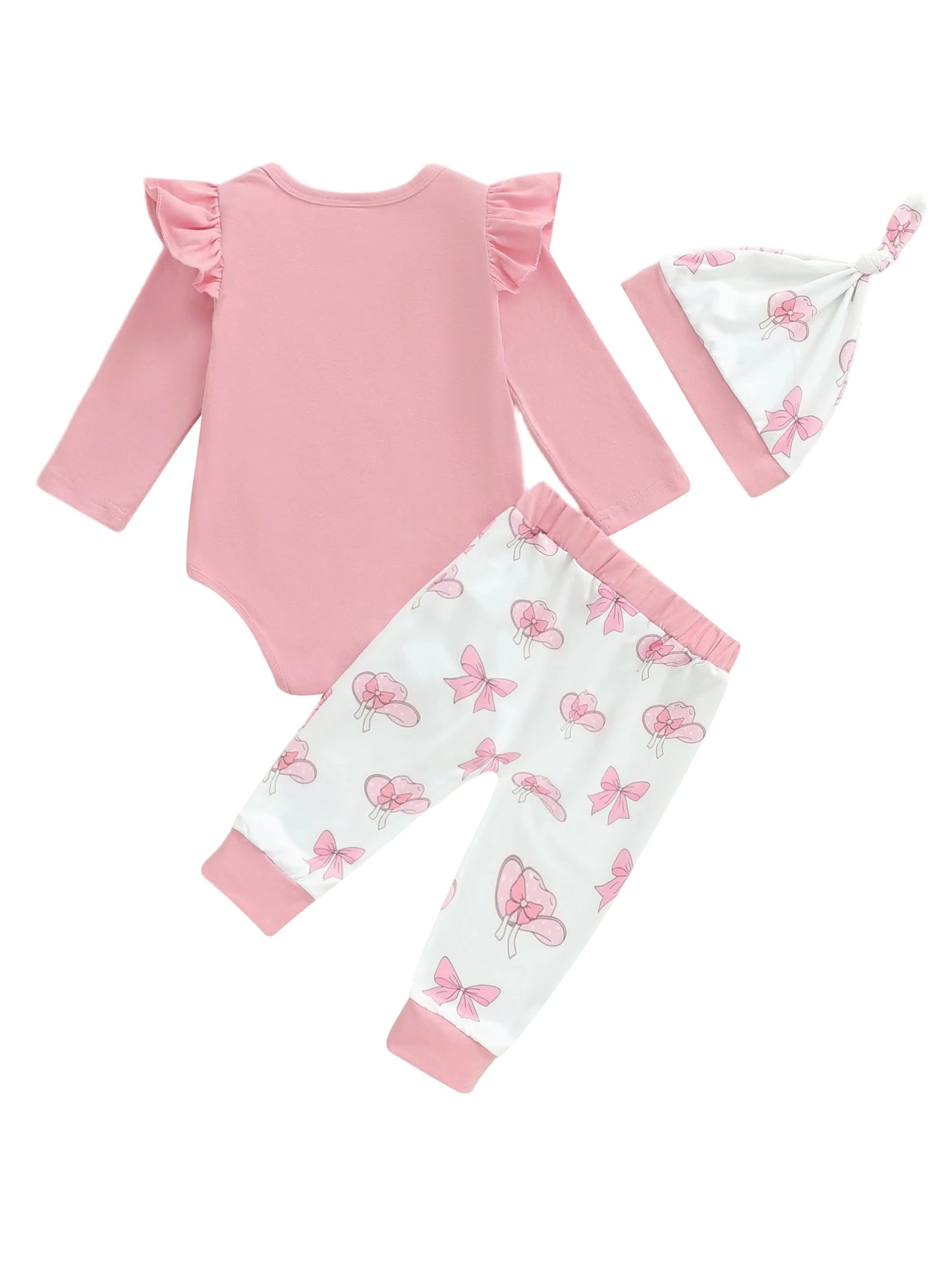 Baby Girls Western Fall Winter Clothes Set - Long Sleeve Boots Letters Print Romper with Bow Pants & Hat