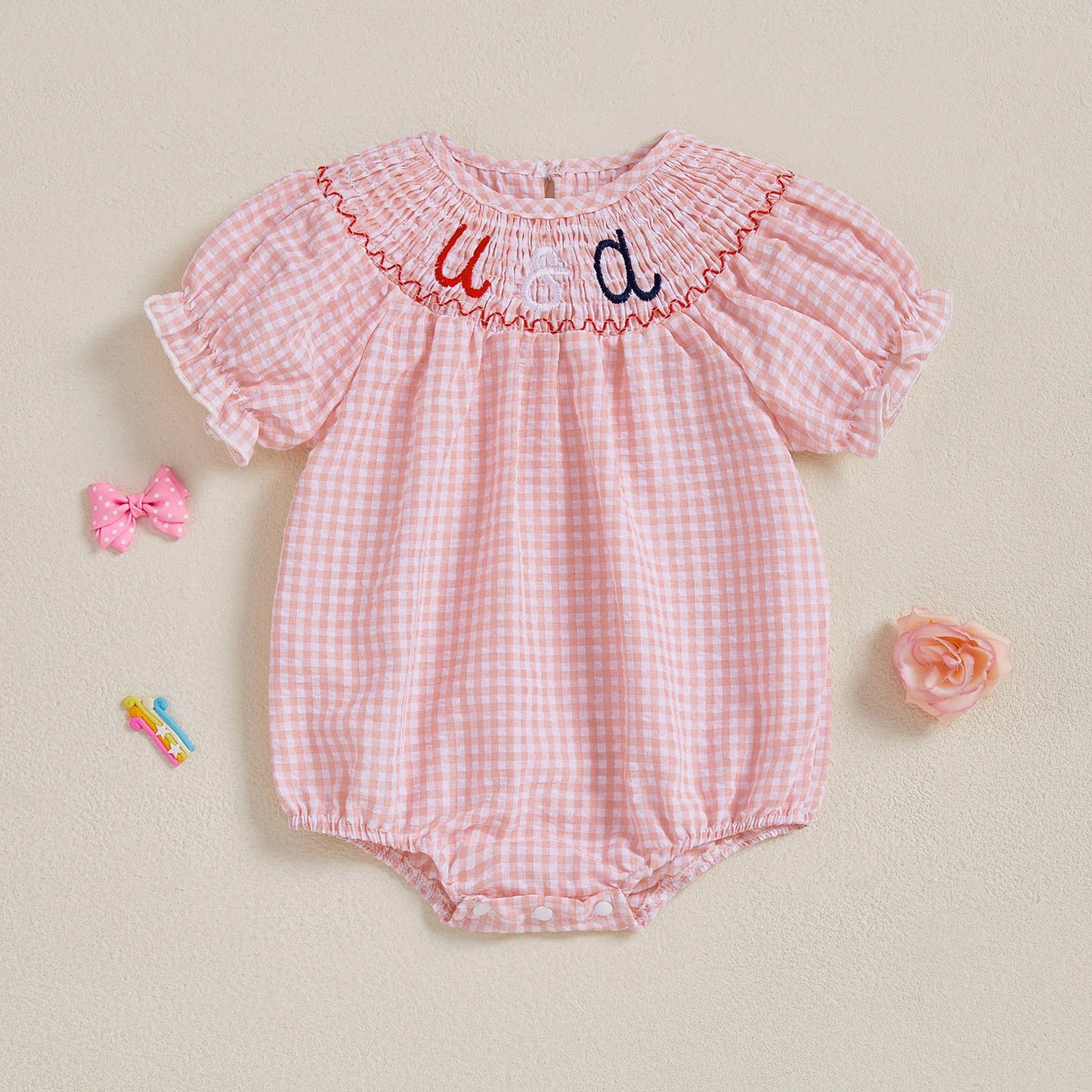Baby Girls Independence Day Rompers - 3 Colors Letter Embroidery Plaid Print Short Sleeve Jumpsuits