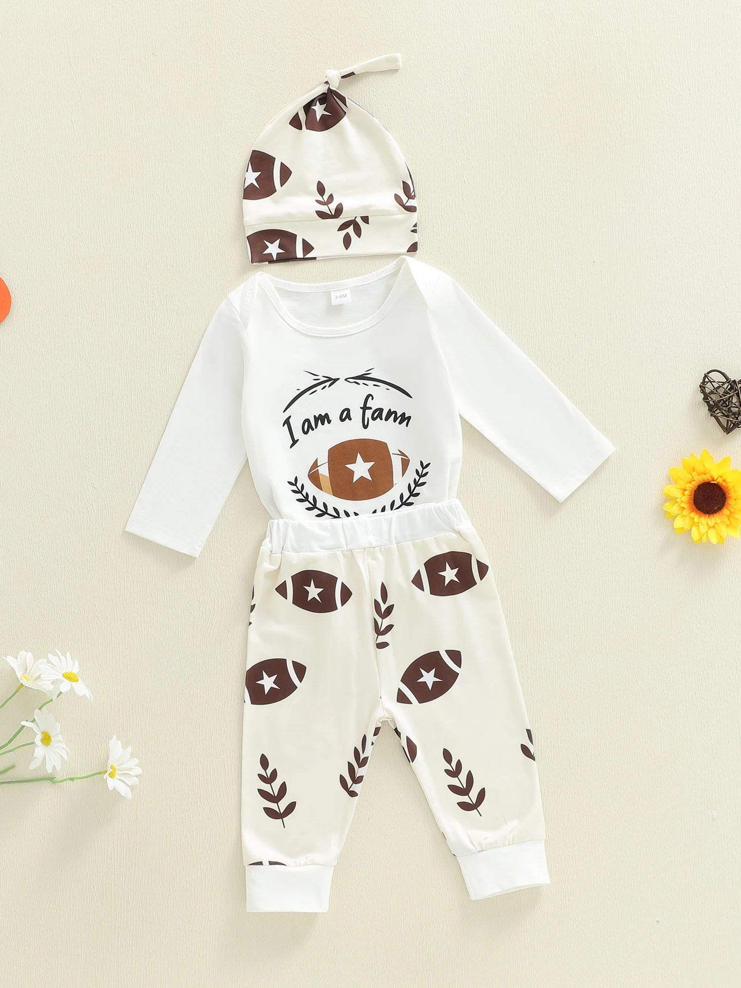 Baby Boys Autumn Winter Clothes Set - Letter Print Long Sleeve Romper, Football Leaf Pants & Hat