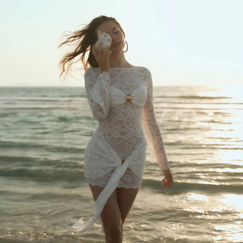 Women's Embellished Lace Hollow Out Mini Dress - Flare Sleeve See Through Wrap