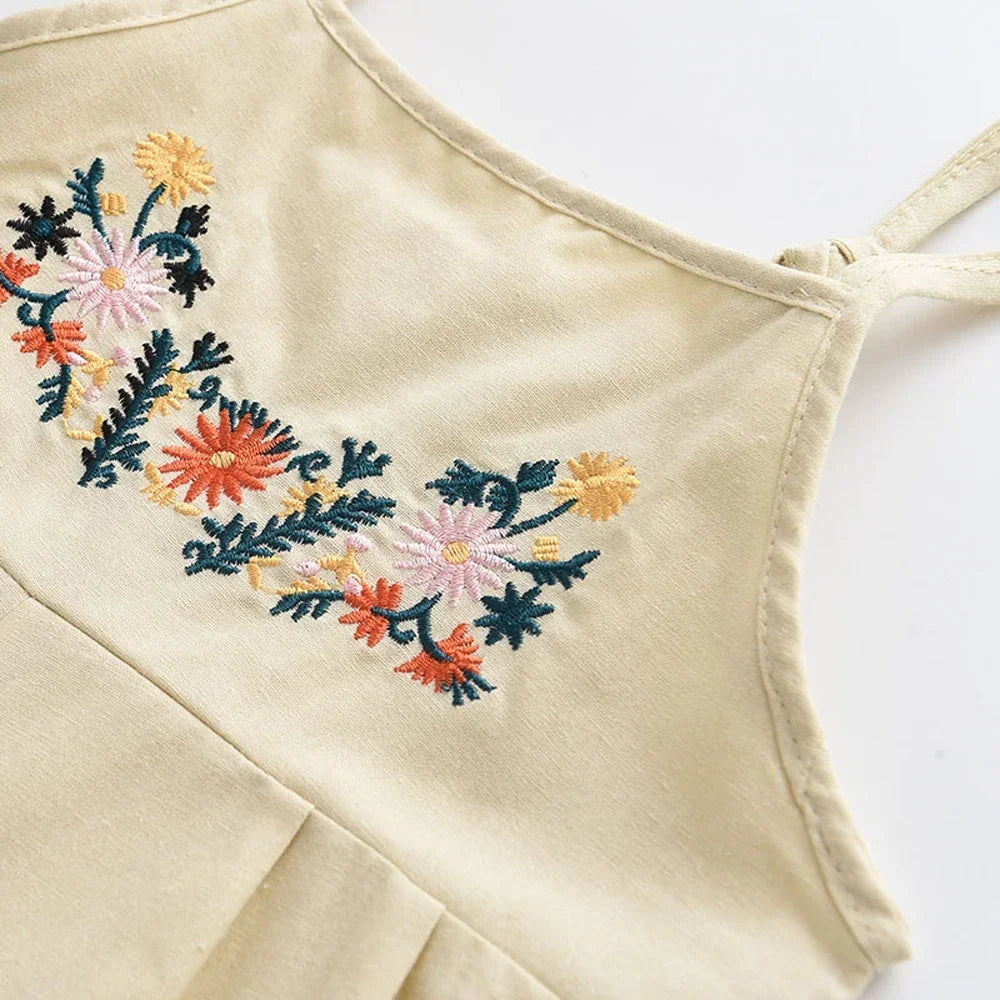 Girls Summer Overalls - Embroidered Flower Sling Cotton Pants