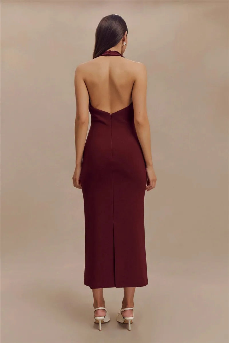 Women's Halter Deep V Neck Sleeveless Maxi Elegant Backless Bodycon Tank Long Dress