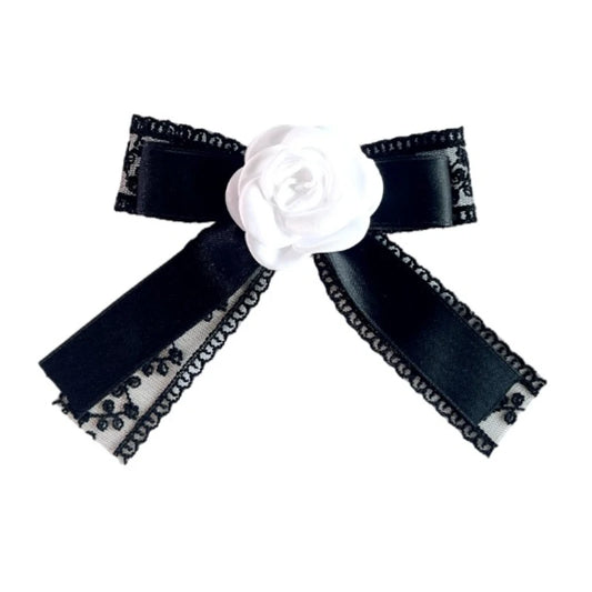 Elegant Black Lace Bow Tie Brooch - Camellia Flower Lapel Pin