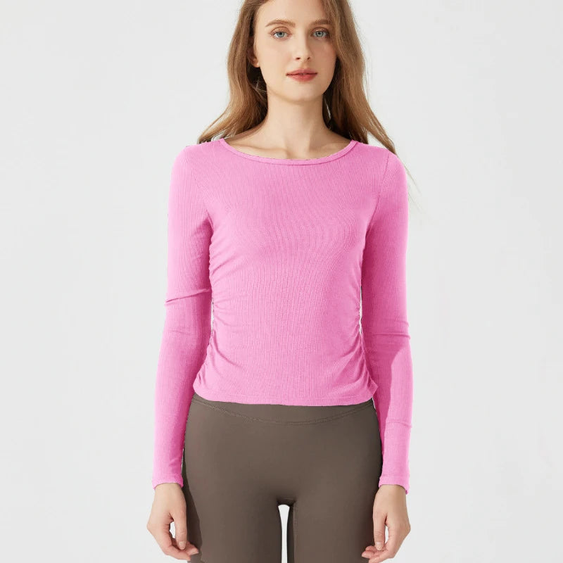 Women's Long Sleeve Yoga Shirt Slim Fit Gym Top Breathable Ribbed Gym Running Top Workout Sportswear