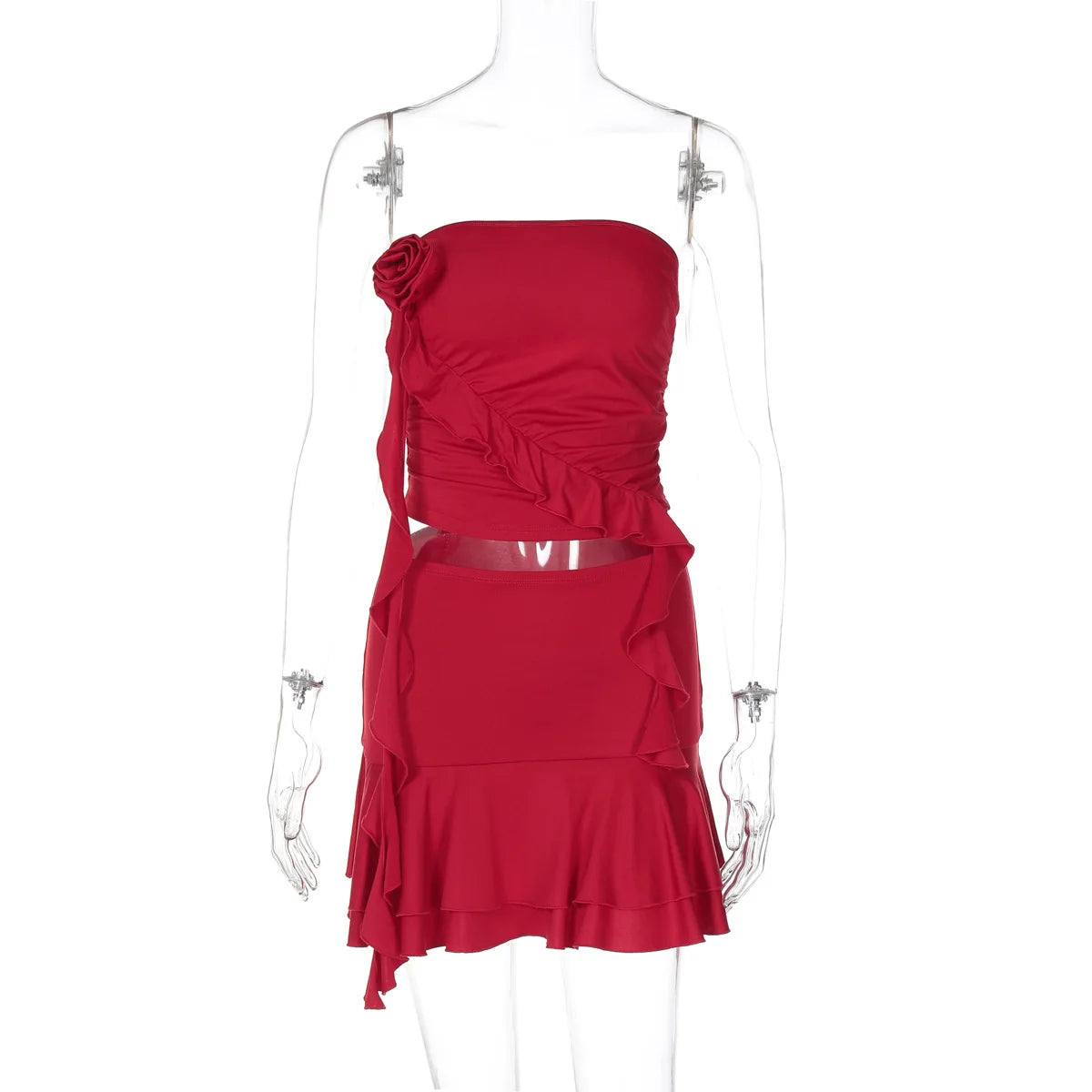 Women's Ruffled Detail Ruched 2 Piece Set Backless Summer Floral Applique Crop Top and Skirt Co-ord Set
