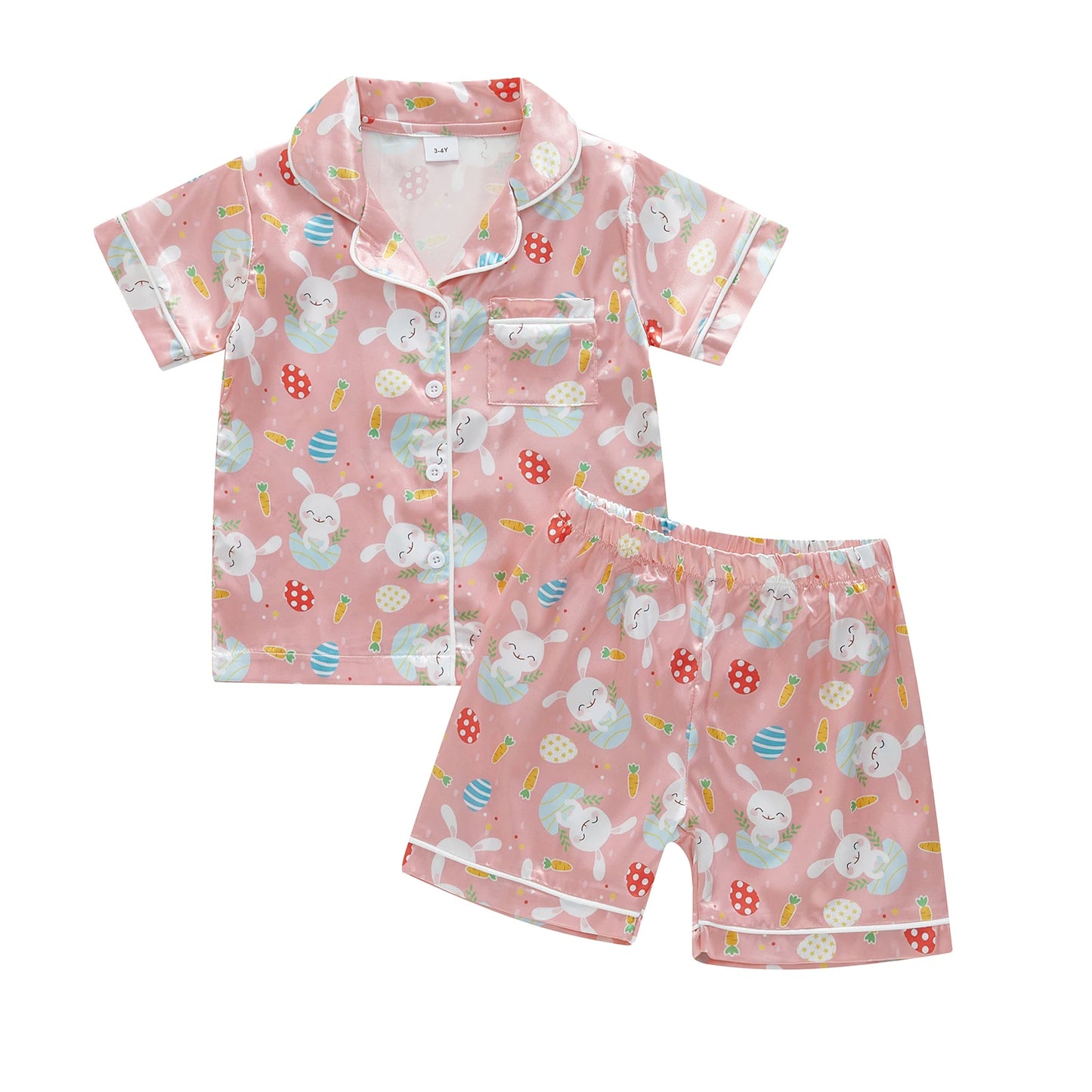 1-7Y Kids Girls Easter Pyjamas Clothes Set Rabbit Carrot Print Button Down V Neck Short Sleeve Tops and Shorts