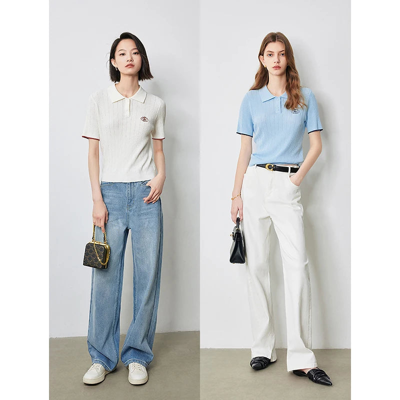 Women's Knitwear Contrast Color Hollow Out Polo Neck Short Sleeve Shirt