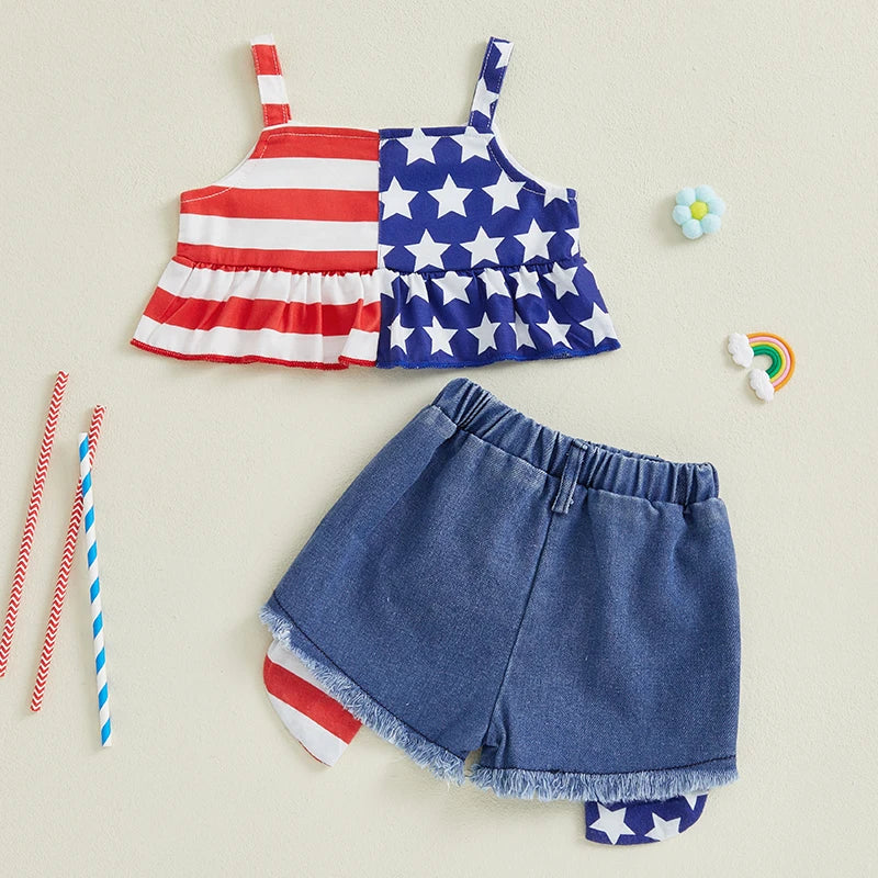 0-4Y Kids Girls American Flag Clothes Sets Star Stripe Print Camisole and Elastic Raw Denim Shorts