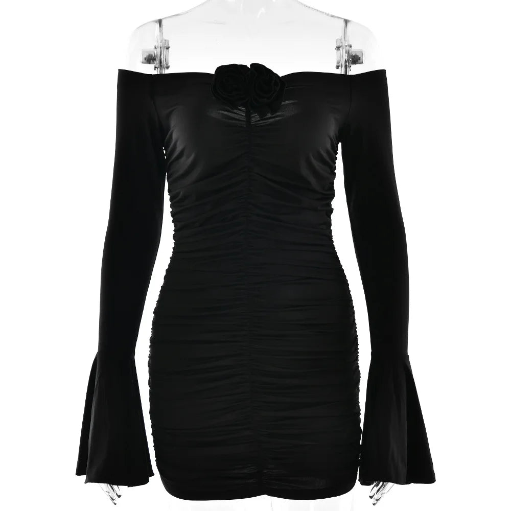 Women's Off Shoulder Floral Applique Mini Dress - Ruched Flare Sleeve Backless Dress