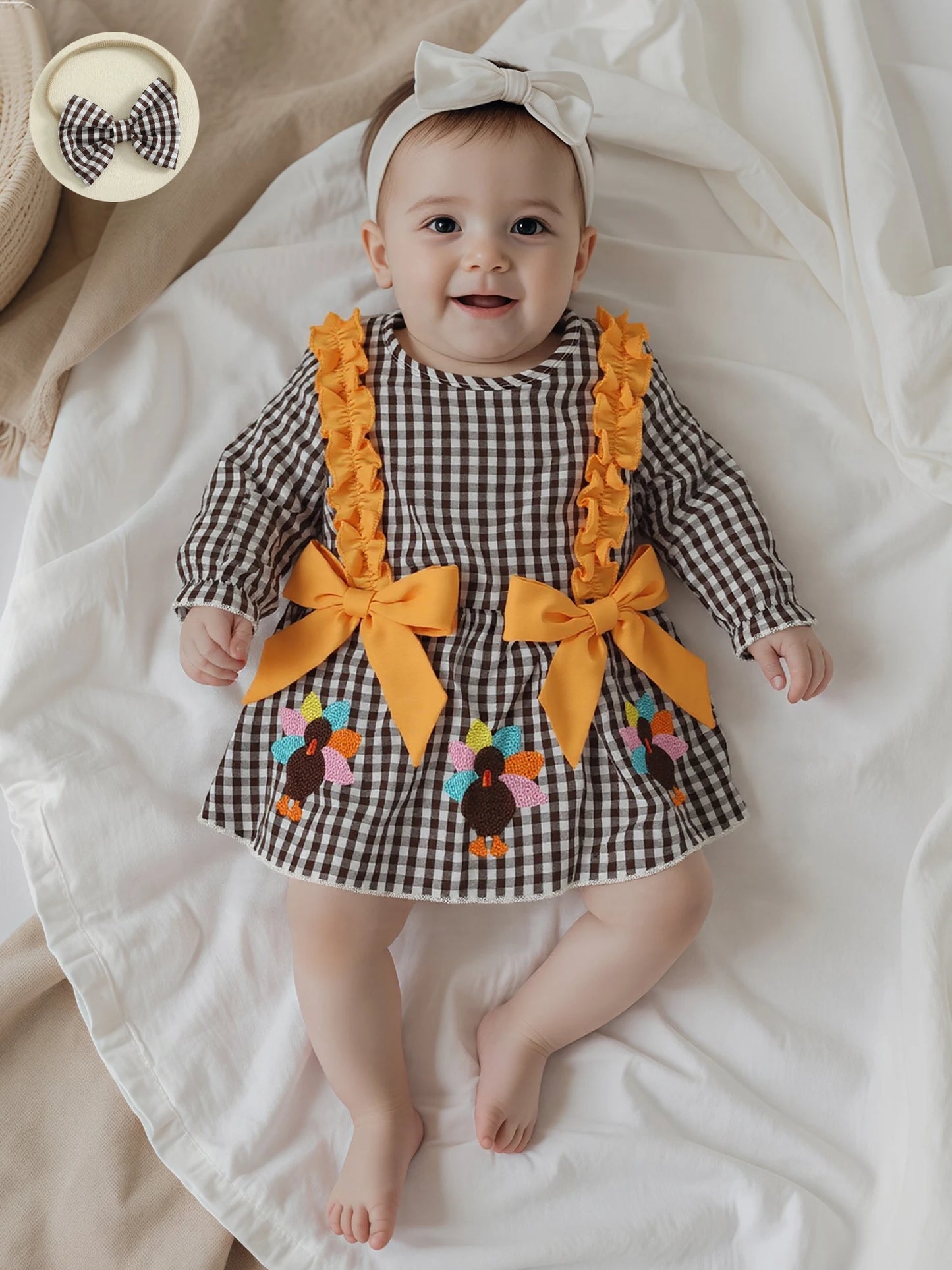 Baby Girls Thanksgiving Romper Dress with Headband - Turkey Plaid Ruffle Long Sleeve Jumpsuit