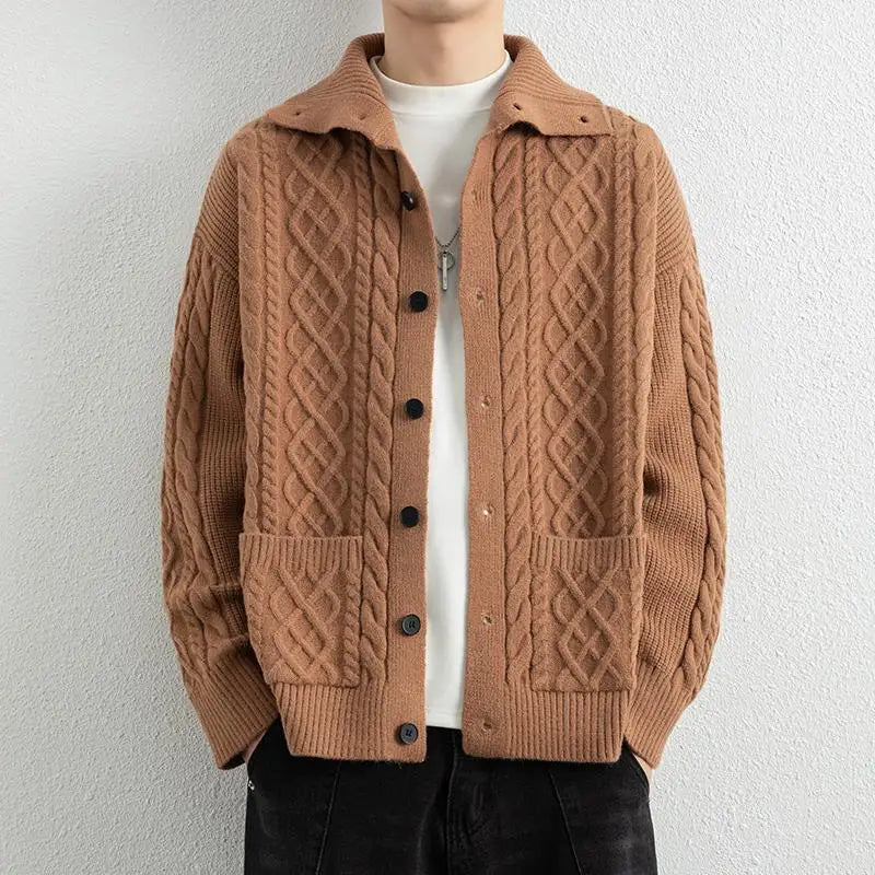 Men's Autumn Turn-Down Collar Cardigan - Single Breasted Knit Sweater Coat