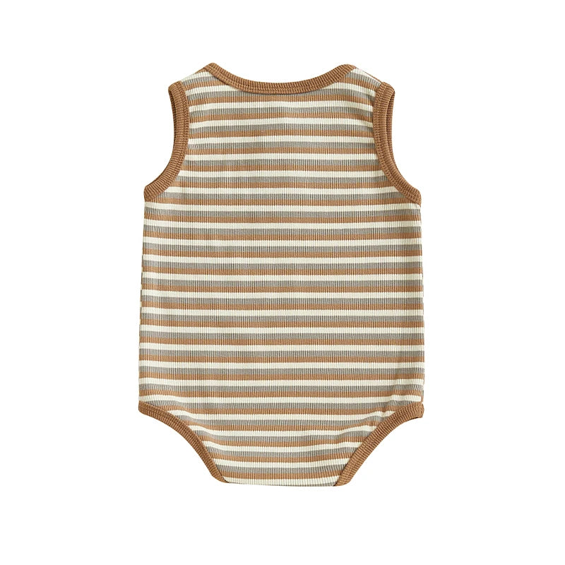 0-18M Baby Girls Boys Rompers Stripe Print Sleeveless Buttons Round Neck Summer Bodysuits Jumpsuit
