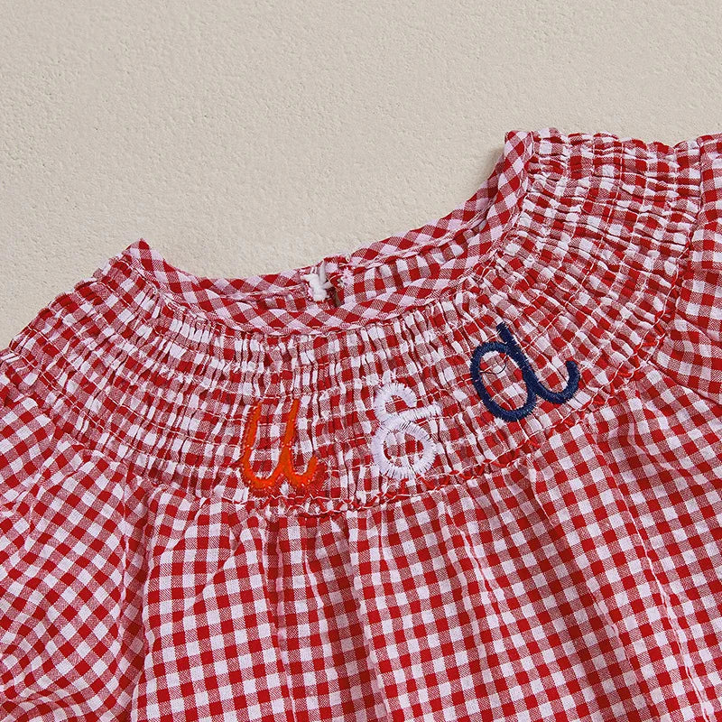 Baby Girls Independence Day Rompers - 3 Colors Letter Embroidery Plaid Print Short Sleeve Jumpsuits