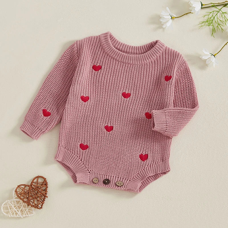 Newborn Baby Girl's Sweater Romper - Heart Knit Long Sleeve Jumpsuit for Valentine's