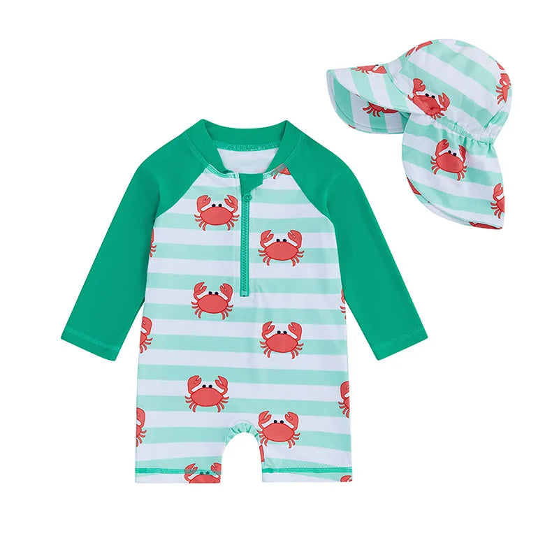 0-4Y Toddler Kids Boys Swimwear Summer Crab Stripe Print Zipper Rash Guard Swimsuit and Hat Beachwear