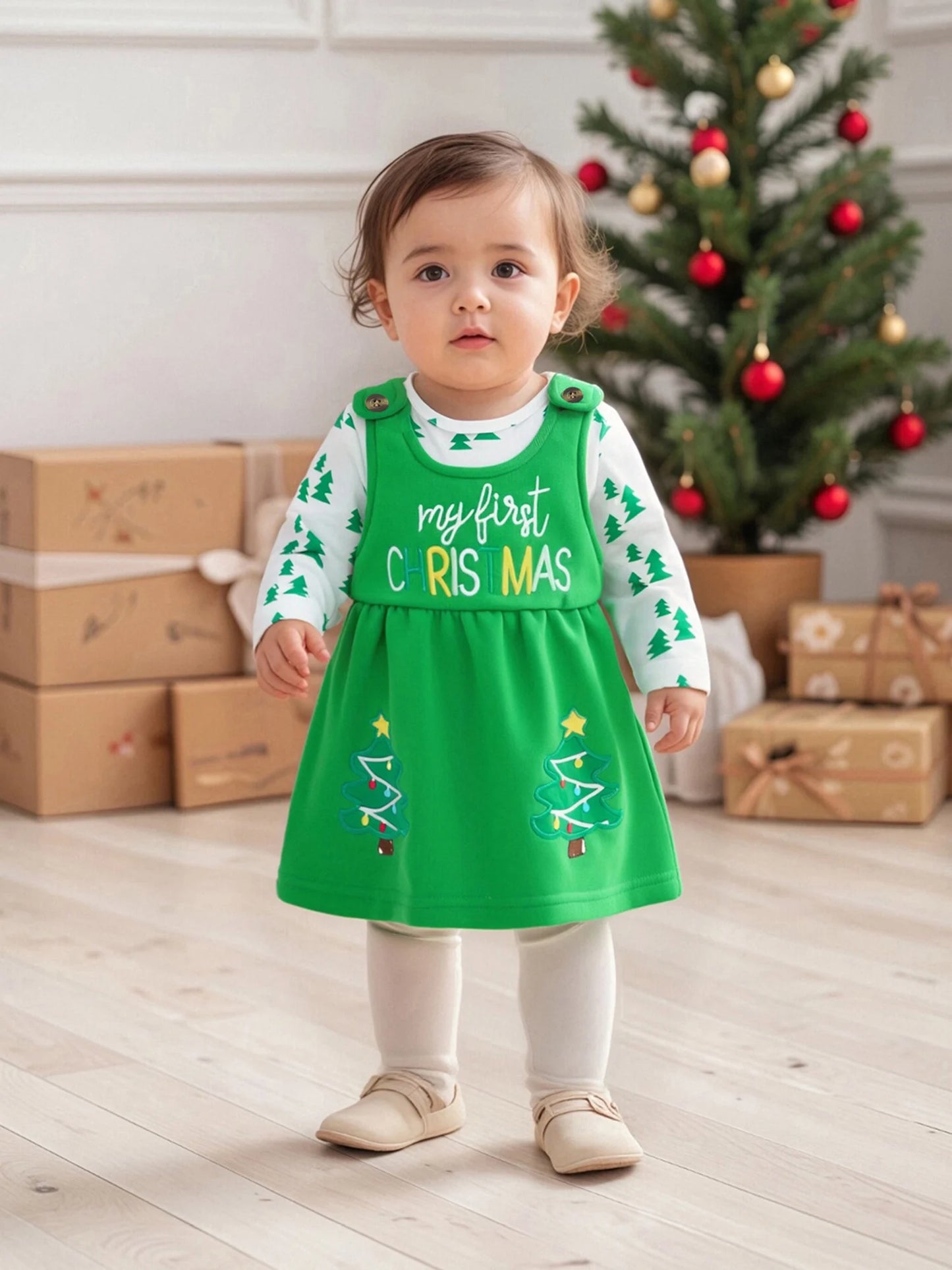 Baby Girls Christmas Clothes Set - Xmas Tree Print Long Sleeve Romper & Letter Embroidery Sleeveless Dress