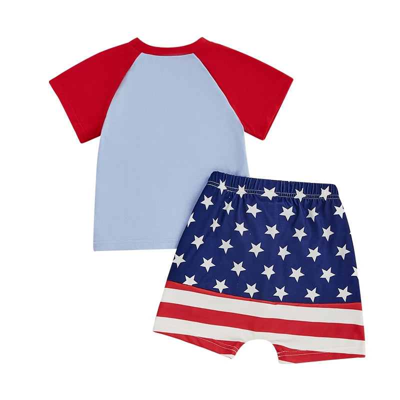 0-4Y American Flag Baby Boys Clothes Sets Tractor Embroidery Patchwork Short Sleeves T-Shirt Star Stripe Shorts