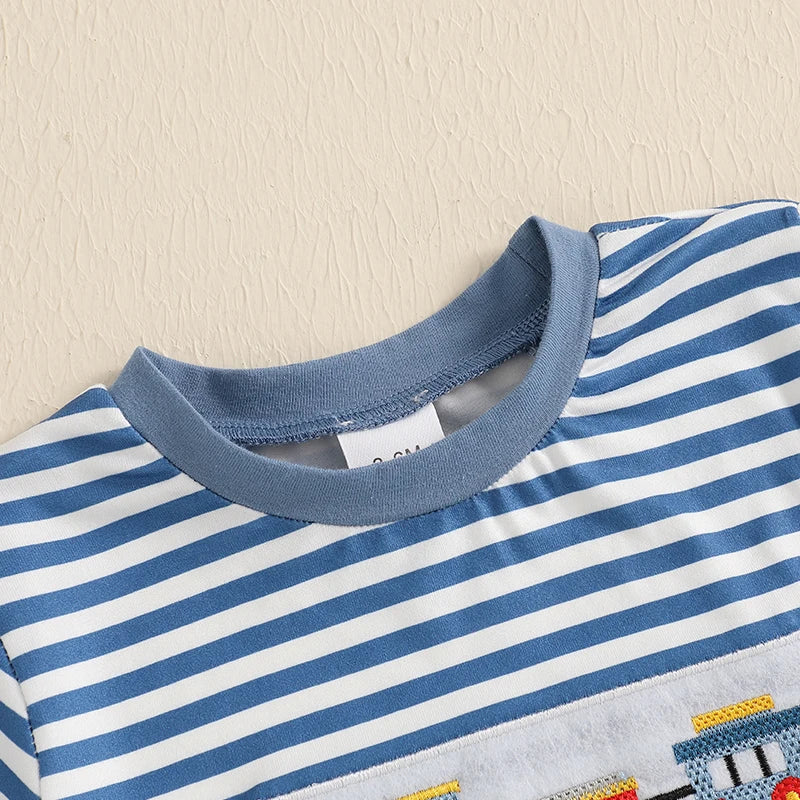 Summer Baby Boys Car Embroidery Outfit Set - Stripe Print T-Shirt & Elastic Waist Shorts (2-Piece)