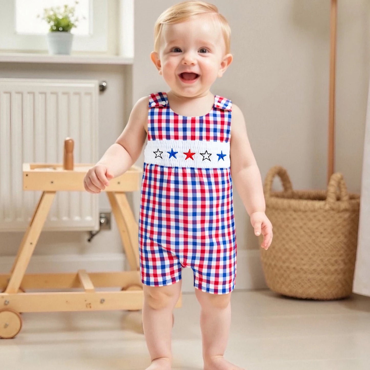 Baby Boys Independence Day Star Embroidered Romper - Plaid Print Sleeveless Overall (0-18M)