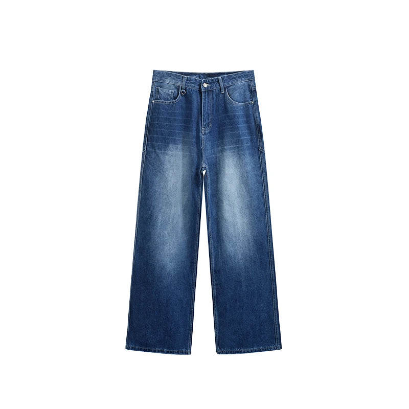 Unisex Retro Washed Jeans Stretch Straight Leg Denim Trousers