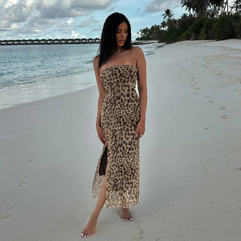 Women's Vintage Leopard Print Straps Long Slip Backless Dress