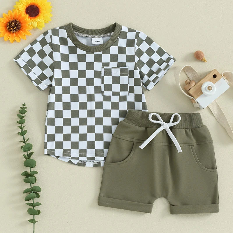2pcs Toddler Baby Boys Clothes Set 0-3Y Short Sleeve Plaid Print Pocket T-shirt with Shorts Summer Outfit