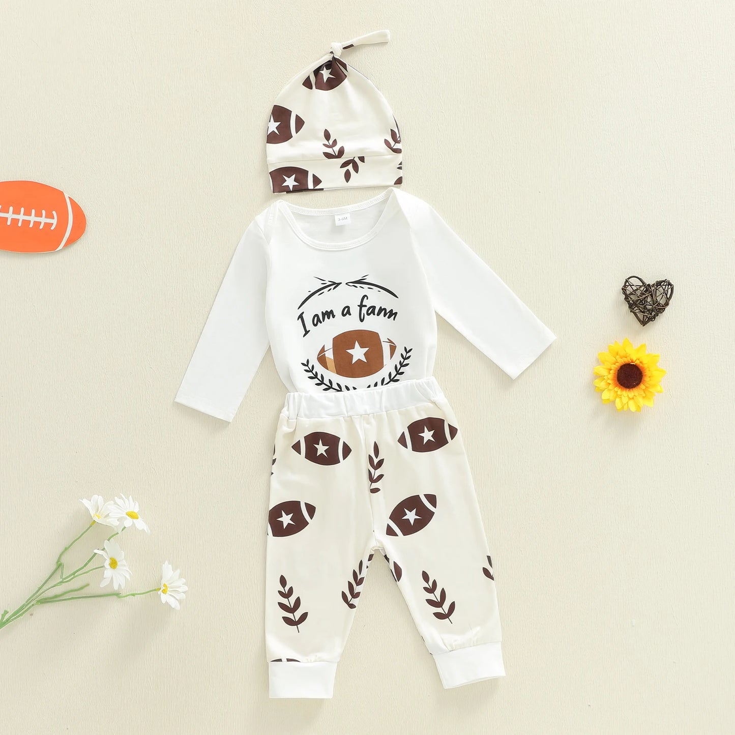Baby Boys Autumn Winter Clothes Set - Letter Print Long Sleeve Romper, Football Leaf Pants & Hat