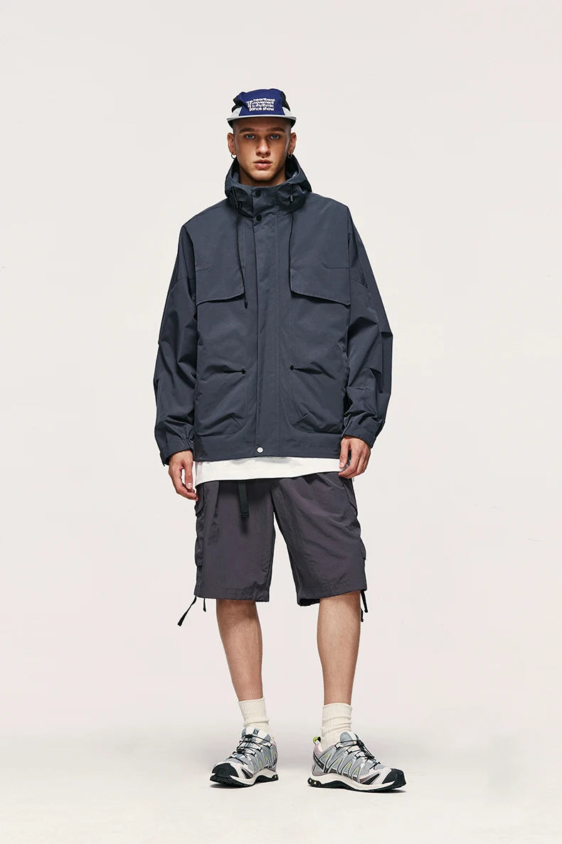 Unisex Mountain Cargo Windbreaker High Collar Zip Up Hooded Jacket