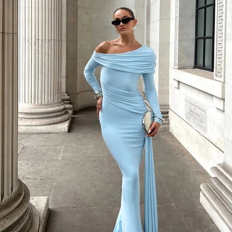 Women's Elegant Asymmetrical Ruched Maxi Dress - Long Sleeve Bodycon Gown