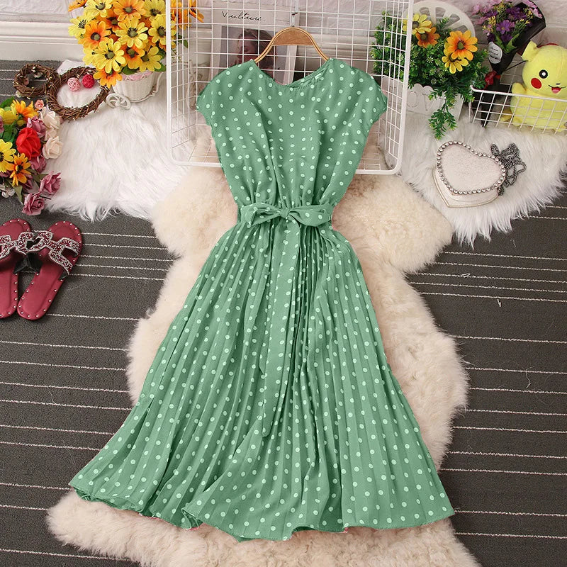 Women's Dot Print Chic Summer High Waist Knee Length Bandage Medium Long Dress
