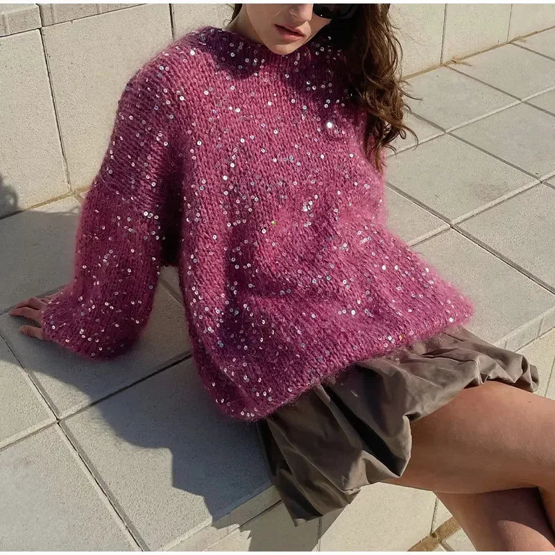 Women's Sequined Mohair Loose Round neck Lantern Long Sleeve Glitter Knitted Pullover Sweater