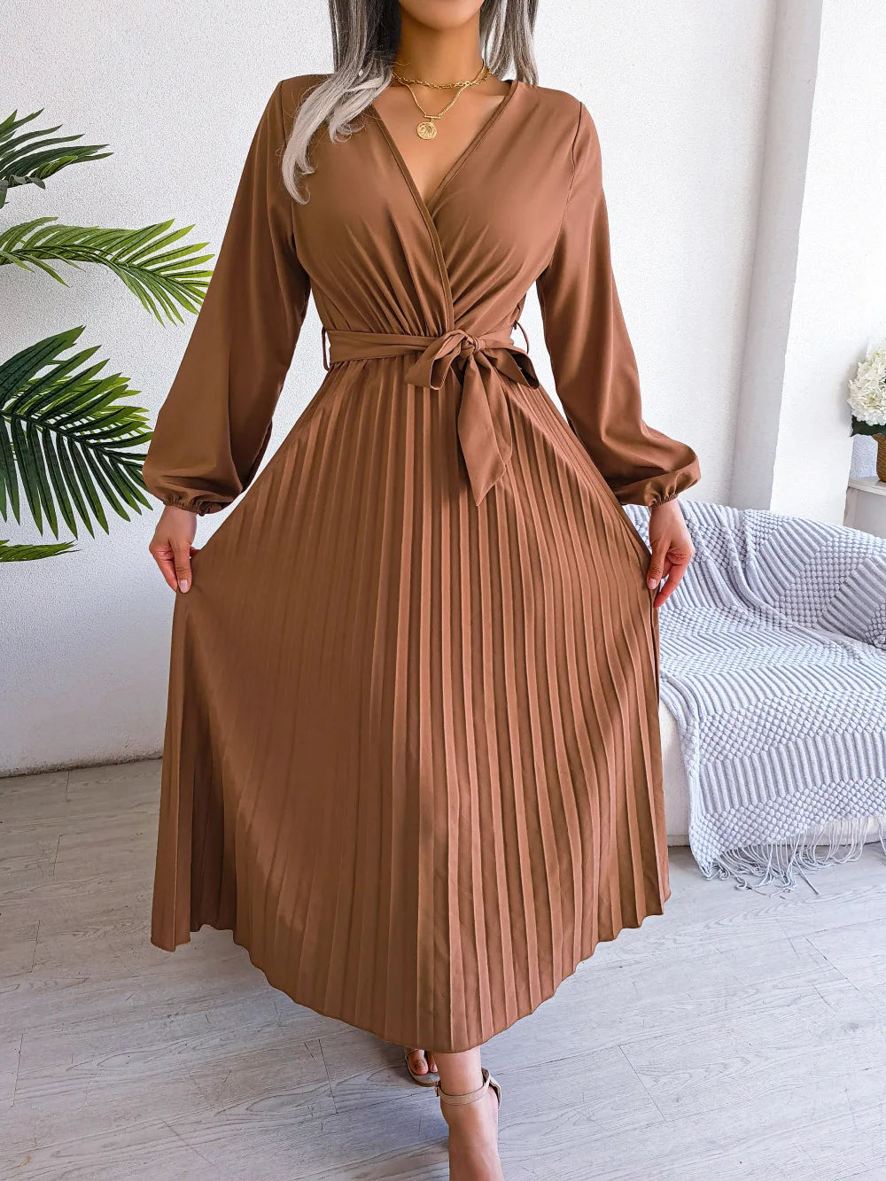 Women's Spring Summer Cross V Neck Large Hem Pleated Long Dress