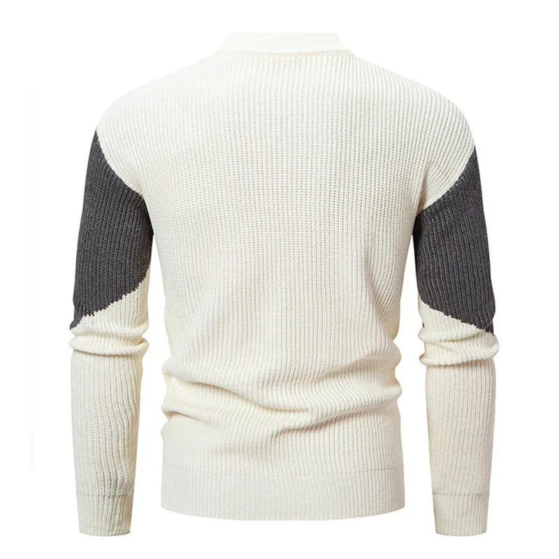 Men's Autumn Winter Mock Neck Patchwork Casual Slim Fit Knitted Pullover Sweater